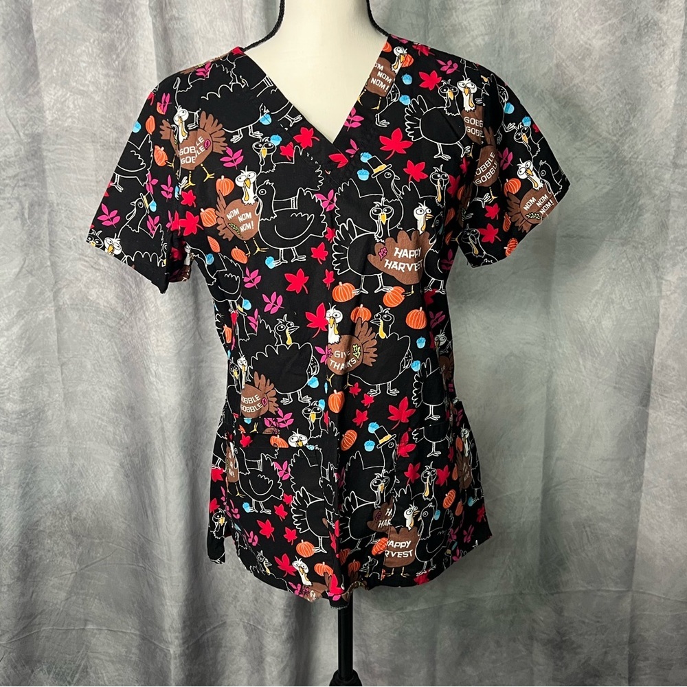 Cherokee Turkey Happy Harvest Fall Women's Scrub Top - MED